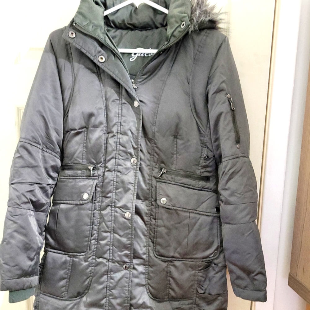 Women Guess mid length down coat size small dark grey color lightly used